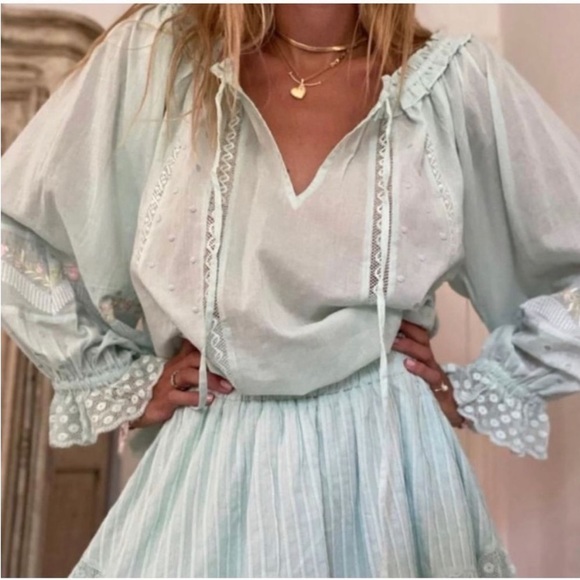 LoveSchackFancy Tops - LoveSchackFancy Odina Sea Foam Long Sleeve Blouse NWT SZ S